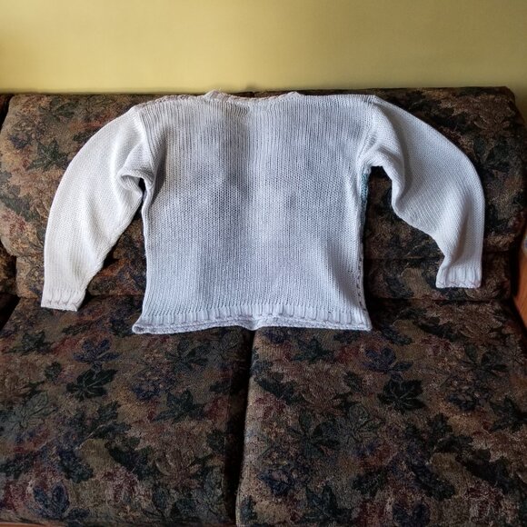 Vintage, 90s, white ramie/acrylic sweater, colour squares, leaves, flowers, S-L - Picture 2 of 5